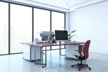 Şık mobilyaları, çift monitörlü modern çalışma alanı ve şehir manzaralı parlak bir ofiste şık bir dekor. 3B Hazırlama