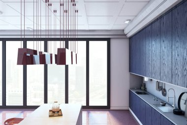 Mavi dolaplı modern mutfak, gösterişli tezgah ve şehir manzarasına bakan geniş pencereler. Kolye lambaları estetik cazibe ekler. 3B Hazırlama