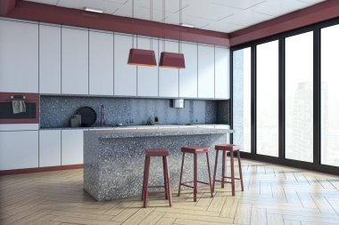 Terrazzo tezgahı, kırmızı tabureler, beyaz dolaplar ve ahşap parke zeminli şehir manzarası sunan büyük pencereli zarif mutfak alanı. 3B Hazırlama.
