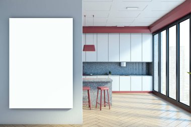 Beyaz dolapları, mermer tezgahı, ahşap parke zemini, geniş pencereli şehir manzarası ve duvarda boş dikey tuvali olan zarif bir mutfak. 3B Hazırlama.