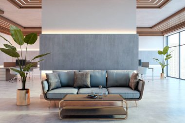 Modern kanepe, cam masa, dekoratif bitkiler ve şehir manzaralı şık bir ofis bekleme salonu. 3B Hazırlama