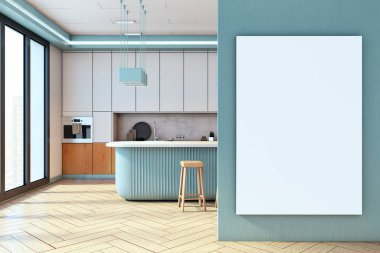 Mavi duvarında boş düşey tuval olan şık bir mutfak, zarif tezgah, dolaplar ve şehir manzaralı pencere. 3B Hazırlama