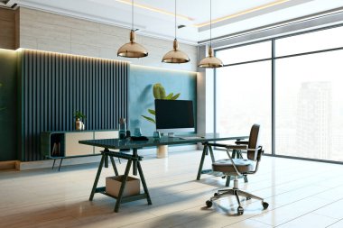 Pürüzsüz bir masası, ergonomik koltuğu ve şık bir dekoru olan geniş bir ofis. Geniş pencereler panoramik şehir manzarası sağlar ve parlak bir çalışma alanı yaratır. 3B Hazırlama