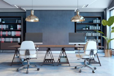 Modern ofis alanı şık masalar, ergonomik sandalyeler ve kolye ışıklarıyla aydınlatılan koyu mavi bir duvara dayalı kitaplıklar. 3B Hazırlama