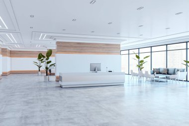 Geniş ofis resepsiyonu, parlak beyaz bir masa, oturma alanı, büyük pencereler ve dekoratif bitkiler. Parlak, minimalist ve modern tasarım. 3B Hazırlama.