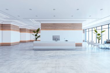 Geniş ofis resepsiyonu, modern beyaz masa, ahşap panel aksanları ve büyük pencereler. Beton döşemeli minimalist tasarım. 3B Hazırlama