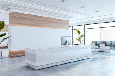 Modern ofiste bilgisayar, cam duvar ve oturma alanı olan, parlak ışıklandırma ve lüks tasarımı olan bir resepsiyon masası. 3B Hazırlama.