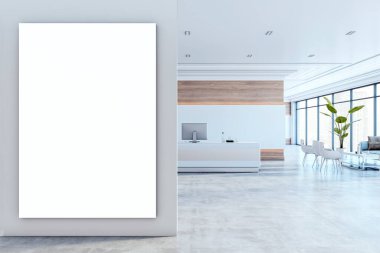 Duvarında boş dikey tuval olan parlak kabul alanı modern beyaz masa, cam pencereler ve lüks ofis alanındaki oturma alanı. 3B Hazırlama.