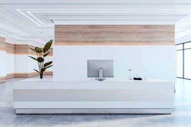 Modern ofis lobisinde minimalist beyaz resepsiyon masası. Bilgisayar, cam dekor ve kapalı alan bitkisi var. Temiz tasarımı olan zarif bir çalışma alanı. 3B Hazırlama