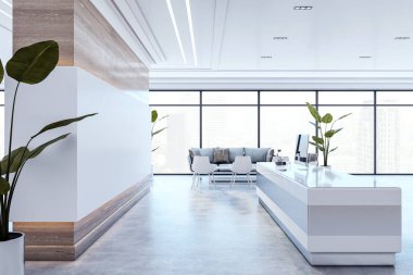 Modern beyaz masa, oturma alanı ve geniş pencereli şık bir ofis resepsiyonu. Doğal ışık ve bitkilerle çağdaş minimalist çalışma alanı. 3B Hazırlama.