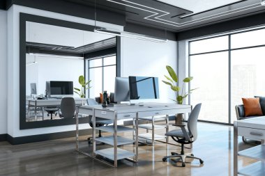 Pürüzsüz masaları, ergonomik sandalyeleri ve şehir manzarasına bakan geniş pencereleri olan geniş bir ofis. Zarif ve profesyonel çalışma alanı tasarımı. 3B Hazırlama