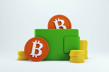 Beyaz arka planda Bitcoin paraları olan yeşil cüzdan. Üç boyutlu görüntüleme. Kripto para birimi, dijital finans ve engelleme zinciri güvenliği kavramı