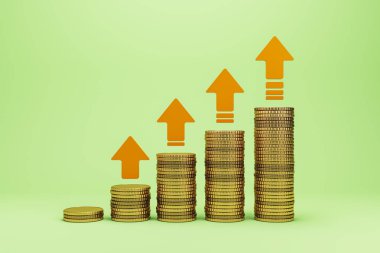 Açık yeşil eğimli arka planda yukarı doğru okları olan altın para yığınları büyüyor. Finansal büyüme, yatırım ve tasarruf kavramı. 3B Hazırlama