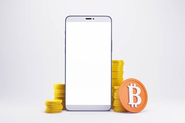 Boş ekranlı akıllı telefon, Bitcoin bozuk paralar ve arka planda altın paralar. Kripto para, finans ve yatırım kavramı. 3B Hazırlama