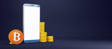 Boş ekranlı modern akıllı telefon, bitcoin para, ve karanlık arka planda altın desteler. Dijital para, çevrimiçi ödeme ve yatırım kavramı. 3B Hazırlama