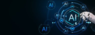 Robotik el yapay zeka dijital arayüzü ile etkileşime giriyor, koyu arkaplanda fütürist neon mavi tasarım. Yapay zeka ve otomasyon kavramı. 3B Hazırlama