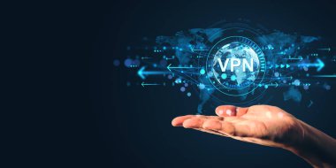 Koyu arkaplan üzerinde küresel harita ve dijital ışık efektleri ile parlayan VPN işareti, siber güvenlik ve gizlilik kavramının sembolü