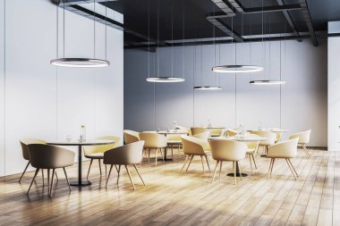 Kolye ışıkları, bej sandalyeler ve ahşap zeminli modern oda, ışık arka planında 3D tasarım, çağdaş iç tasarım konsepti