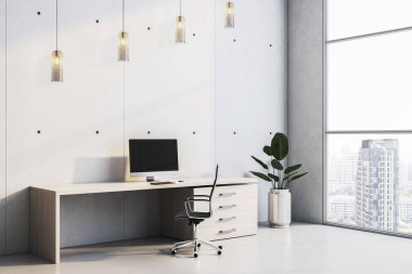 Geniş pencereli, minimum masa ve sandalyeli, şık ışıklandırmalı ve parlak arka planlı saksılı modern ofis odası. 3B Hazırlama