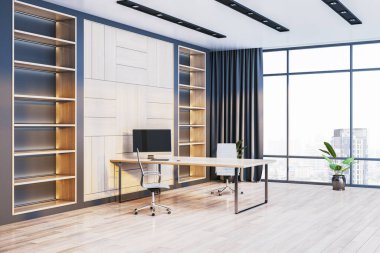 Geniş masalı, ahşap raflı, perde duvarlı ve parlak ahşap zeminli çağdaş ofis odası. Modern çalışma kavramı. 3B Hazırlama