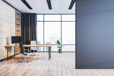 Geniş pencereli modern ofis, ahşap zemin, poster modeli için boş duvar, minimal kurumsal tasarım, 3D oluşturma