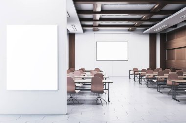 Boş modern ofis odası, duvarında boş poster çerçevesi ve içinde ekran görüntüsü, masaları ve sandalyeleri olan temiz bir düzen, 3D oluşturma