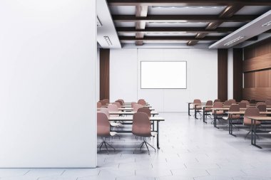 Masaları ve sandalyeleri olan boş modern ofis eğitim odası, temiz bir düzen, duvarında boş poster çerçevesi, iş içi konsepti. 3B Hazırlama