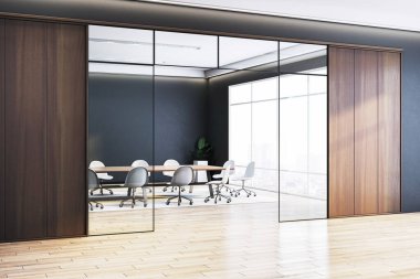 Cam duvarlı, ahşap döşemeli ve arka planda şehir manzaralı parlak modern ofis toplantı odası. Üç boyutlu görüntüleme. Kurumsal çalışma alanı kavramı
