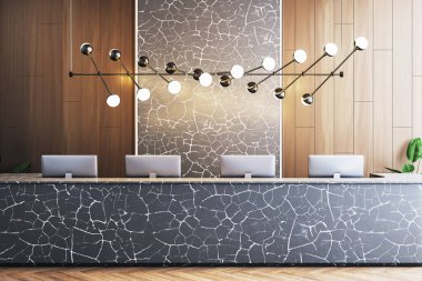 Modern ofis odasındaki masaüstü bilgisayarlı resepsiyon masası, 3D Rending, çatlak mermer ve ahşap duvar panelleri, yaratıcı iç mekan konsepti