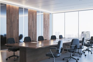 Ahşap duvarları, büyük masası ve cam pencerelerden şehrin silüeti olan şık bir toplantı odası. Modern kurumsal çalışma alanı iç mimarisi. 3B Hazırlama