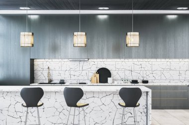 Çağdaş mutfak, kırık mermer tezgah ve arka sıçrama, karanlık dolaplar, kolye ışıkları ve şık bir ev ortamında bar tabureleri. 3B Hazırlama