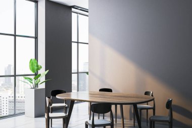 Parlak modern iç mekanlı sandalyeli yemek masası, şehir manzaralı büyük pencereler, ahşap zemin ve minimalist tasarım. 3B Hazırlama