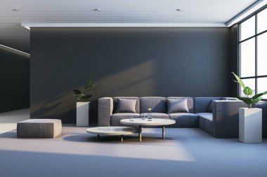 Gri bölümlü kanepe, yuvarlak kahve masaları ve yumuşak doğal ışıkla modern ortamda dekoratif bitkiler olan şık bir oturma odası. 3B Hazırlama