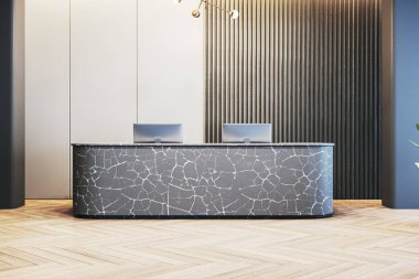 Modern ofis lobisinde mermer desenli lüks bir resepsiyon masası. Zarif ışıklandırma, ahşap döşeme ve koyu renk panel duvar boşluğu genişletir. 3B Hazırlama.