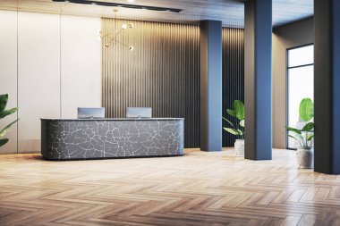 Şık bir ofis resepsiyonu mermer desenli bir masa, ahşap parke döşeme ve lüks bir iş ortamı içeren dekoratif bitkiler. 3B Hazırlama