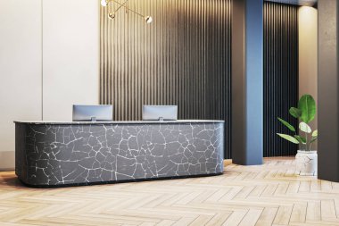 Mermer desenli bir masası olan şık bir ofis resepsiyonu, ahşap parke döşeme ve koyu dokulu duvarlar modern bir çalışma alanı yaratıyor. 3B Hazırlama