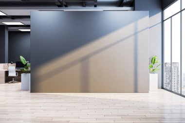 Modern ofis odasında boş, ahşap zemin, temiz bir düzen, büyük pencereler, şehir manzarası ve bitkiler. 3B Hazırlama