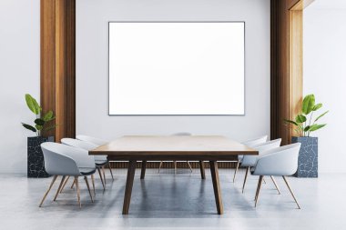 Modern ofis içi ahşap masa, beyaz sandalyeler, duvarda büyük boş poster çerçevesi, beton zemin, fabrikalar, temiz iş konsepti. 3B Hazırlama