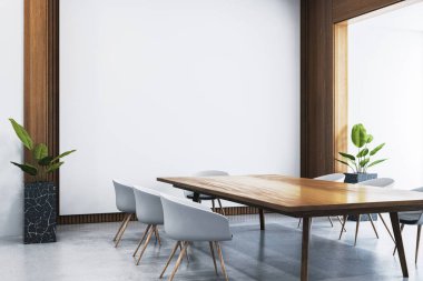 Boş modern ofis odası ahşap masa, beyaz sandalyeler ve yeşil bitkiler, hafif arka plan ve temiz iç tasarım konsepti. 3B Hazırlama