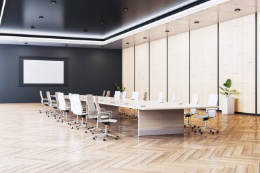 Geniş modern konferans odası, ahşap zemin, parlak ahşap duvarlar, ve bir ofis içinde parlak mobilyalar. 3B Hazırlama