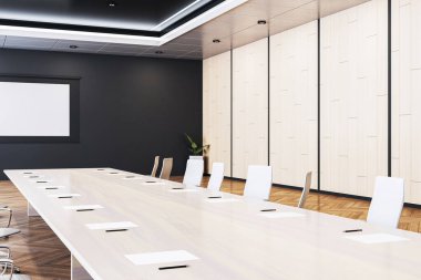 Geniş bir modern konferans odası. Uzun masası, beyaz sandalyeleri, ahşap panelleri ve şirket ofisinde minimalist ışığı var. 3B Hazırlama