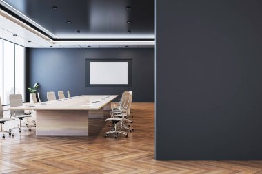 Duvarında boş bir çerçeve olan modern konferans odası, temiz bir düzen, ahşap döşeme ve bir ofis içinde parlak mobilyalar. 3B Hazırlama