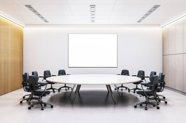 Modern konferans odasının içinde sandalyeleri olan yuvarlak ofis masası, duvarında boş poster çerçevesi, temiz düzen ve aydınlatma, 3D görüntüleme