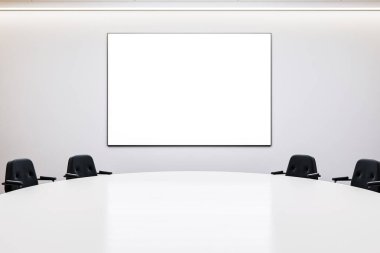 Modern ofis toplantı odasında boş beyaz çerçeve poster modeli. Yuvarlak masa, siyah sandalyeler ve iş sunumu için temiz duvarlar. 3B Hazırlama