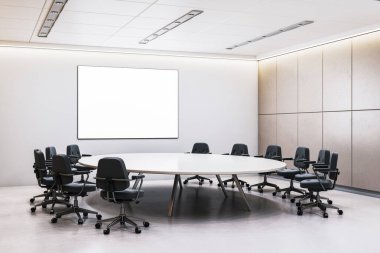 Yuvarlak masa, siyah sandalyeler ve duvarında tavan lambalarının altında boş poster çerçevesi olan modern ofis konferans odası. 3B Hazırlama
