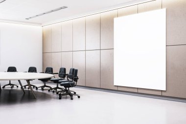 Boş modern ofis toplantı odası, duvarında boş poster çerçevesi, temiz tasarım, minimalist tarz, tarafsız arka plan. Yerleşim konsepti. 3B Hazırlama