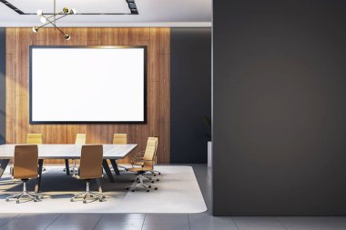 Modern ofis içi toplantı odası içi ahşap duvarda boş poster ekranı, temiz düzen, siyah duvar arka planı, iş konsepti, 3D oluşturma