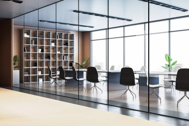 Çağdaş iş bürosu, cam duvarlı, minimum mobilyalı, şehir manzaralı bir konferans salonu gösteriyor. 3B Hazırlama