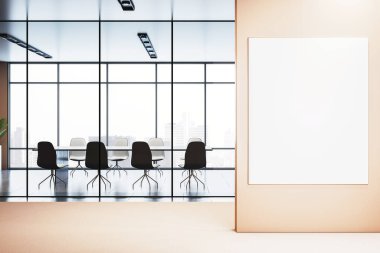 Modern ofis odasındaki cam bölmeli, şehir manzaralı ve toplantı odası düzenekli bej duvarda boş dikey çerçeve modeli. 3B Hazırlama