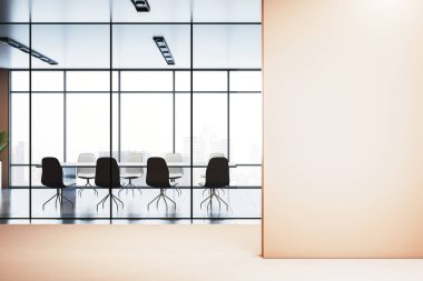 Cam bölmeli modern ofis odası, konferans masası, sandalyeler ve temiz arka plan için geniş boş duvar. 3B Hazırlama
